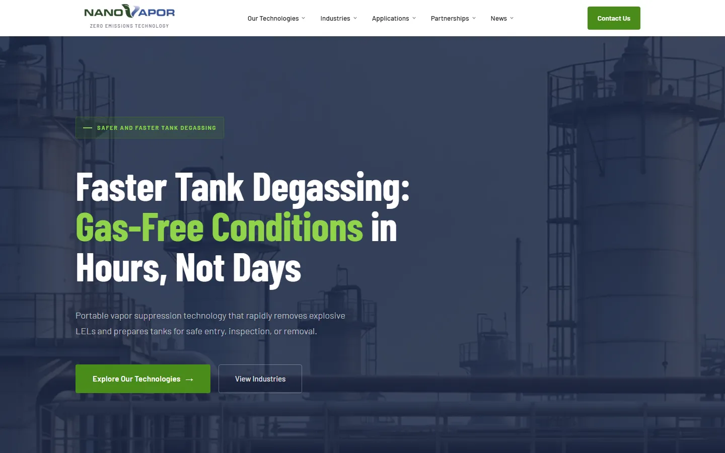 NanoVapor homepage hero over an industrial tank farm, with the headline "Faster Tank Degassing: Gas-Free Conditions in Hours, Not Days."