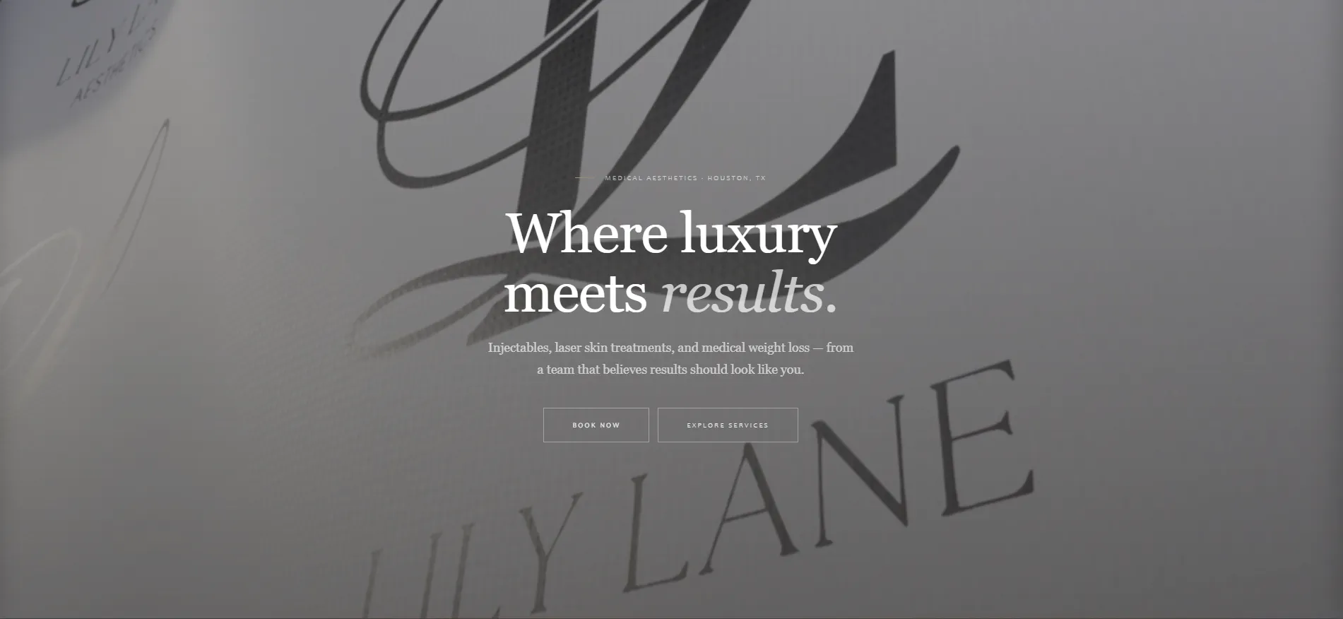 Lily Lane Aesthetics homepage hero with the practice monogram and the headline "Where luxury meets results."