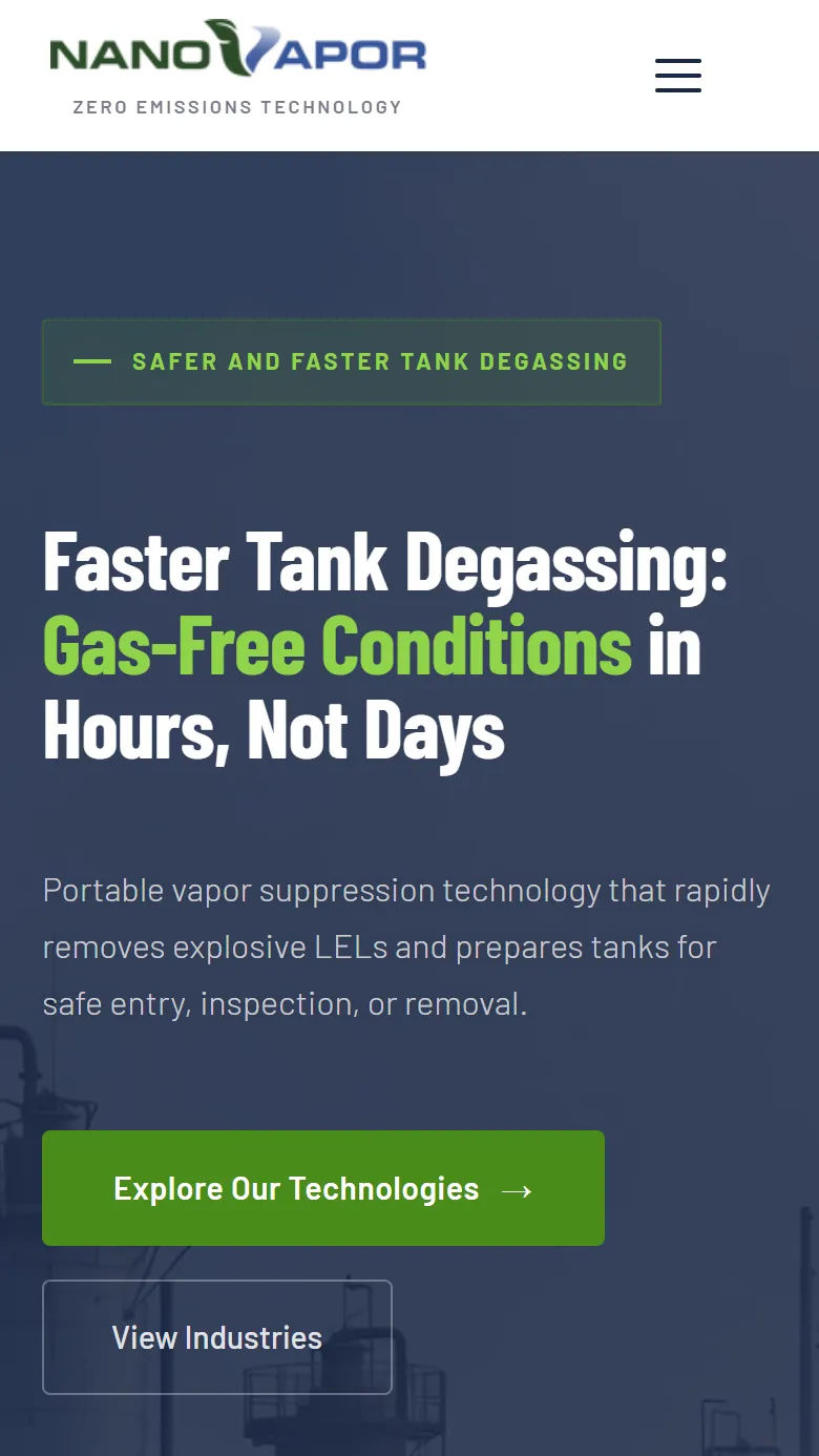 NanoVapor homepage on a phone: logo and menu button, the tank-degassing headline, a short description, and two stacked buttons.