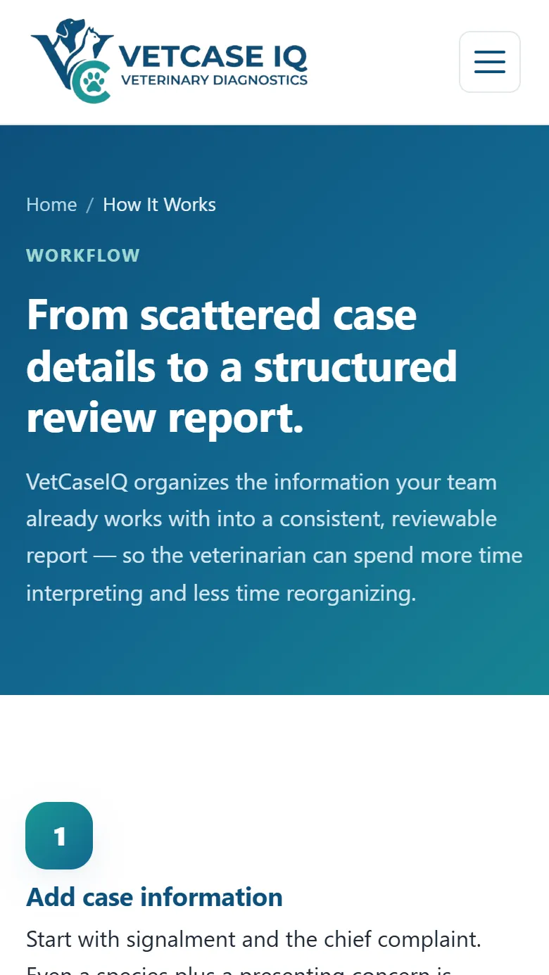 VetCaseIQ How It Works page on a phone: the structured-report headline and the first workflow step.