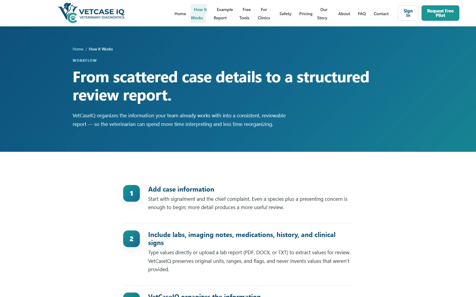VetCaseIQ How It Works page: "From scattered case details to a structured review report," followed by the first two workflow steps.