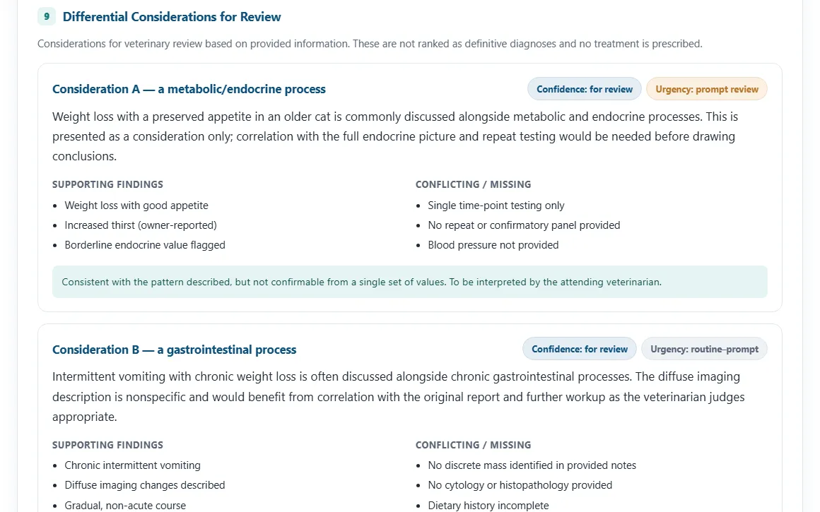 VetCaseIQ fictional sample report: differential considerations for review, each listing supporting findings and conflicting or missing information.