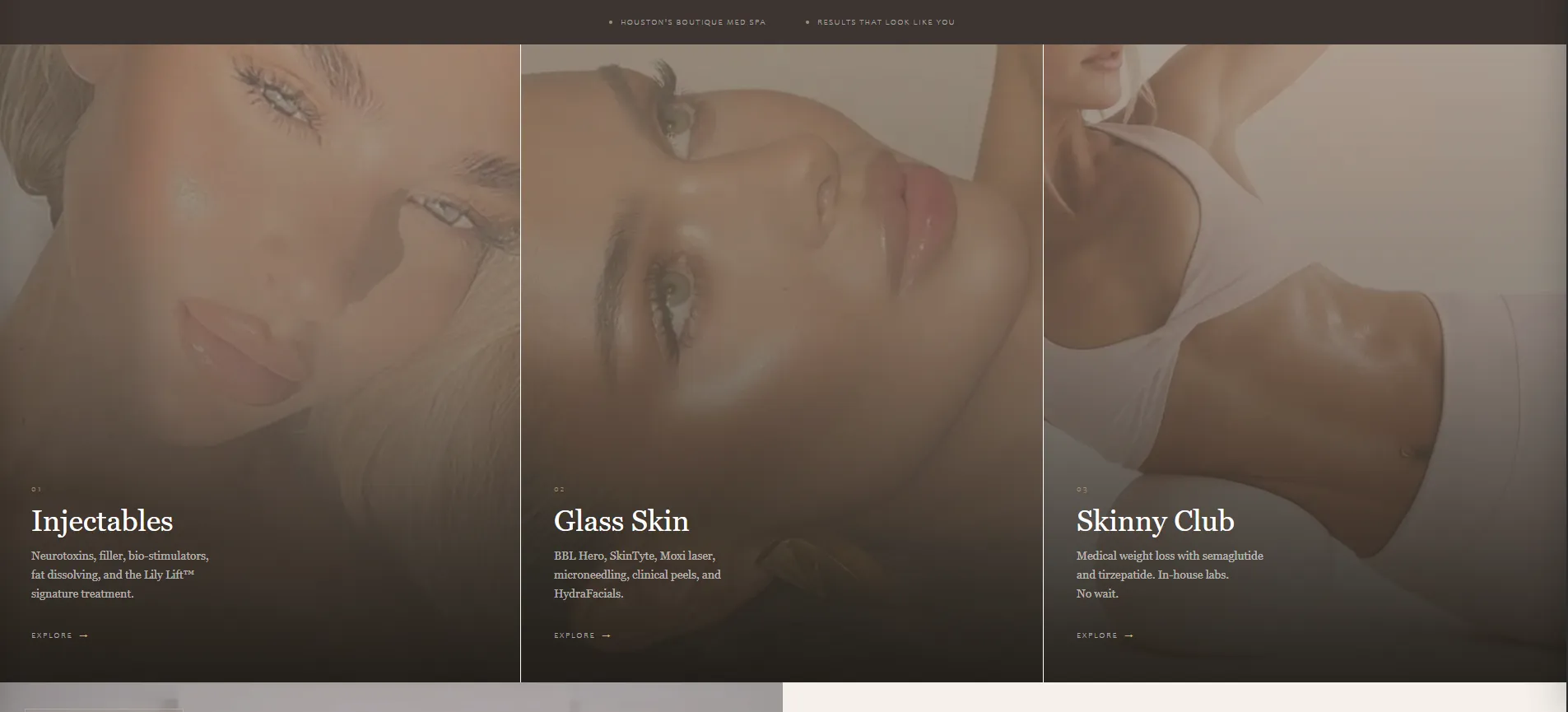 Lily Lane Aesthetics homepage service pillars: Injectables, Glass Skin, and Skinny Club, each with a short description and an explore link.