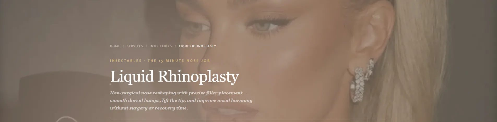 Lily Lane Aesthetics treatment page hero for Liquid Rhinoplasty with breadcrumb, eyebrow, title, and description.
