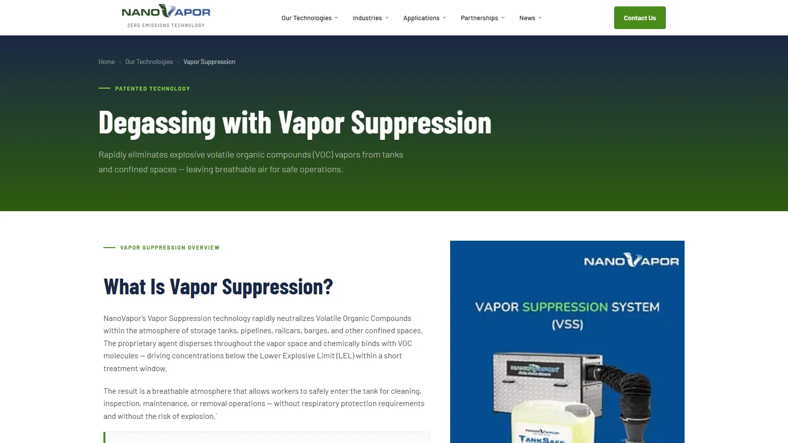 NanoVapor "Degassing with Vapor Suppression" technology page: breadcrumb, headline, and an overview section beside a product image of the Vapor Suppression System.